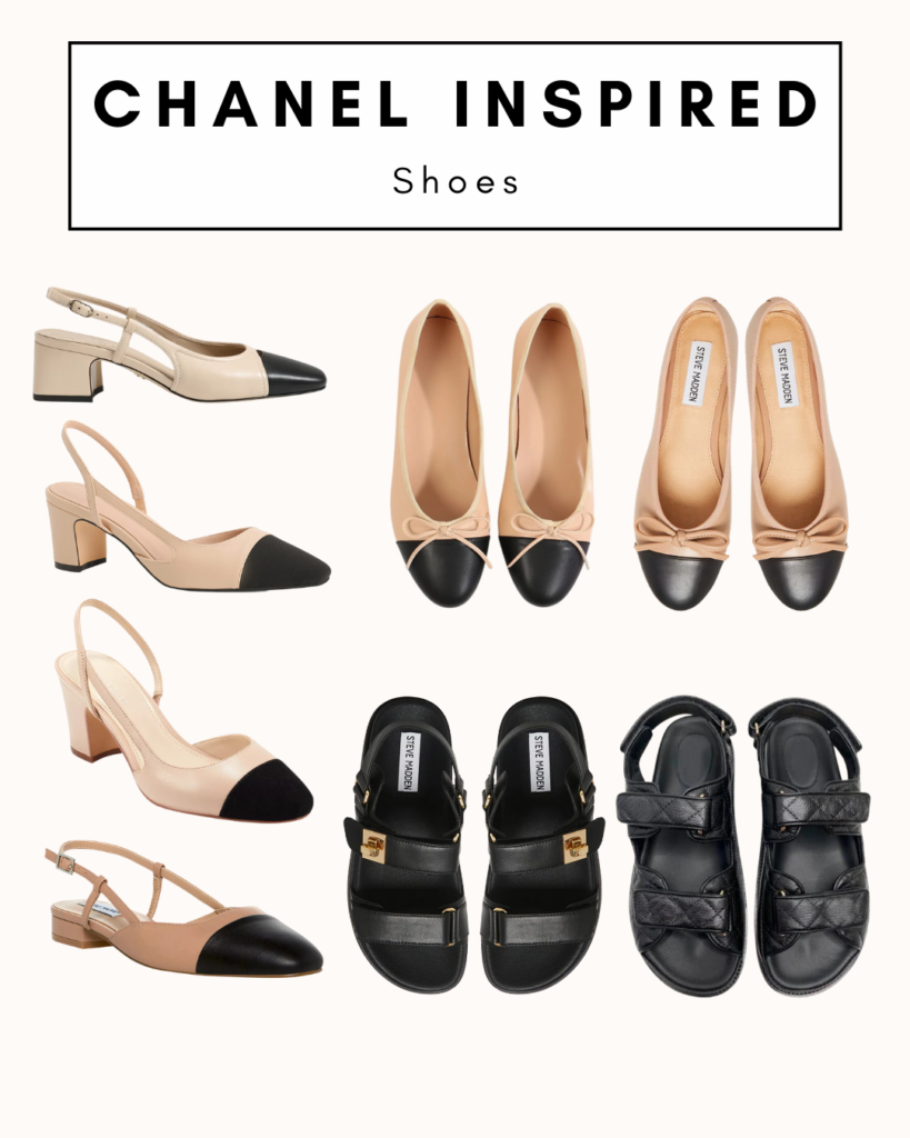 The best Chanel shoe dupes. Chanel inspired shoes. Flats, Sling backs, Chunky sandals and Espadrills