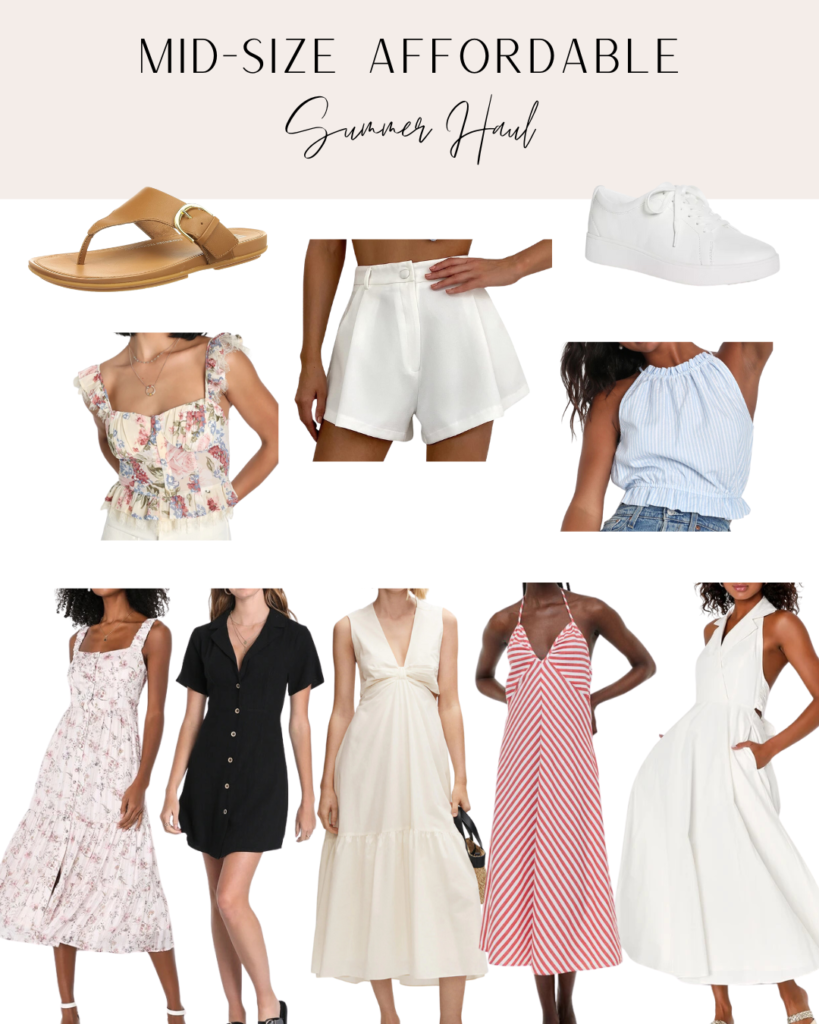 mid size summer clothes clothing haul. White shorts, sandals, shoes, dresses, floral halter top