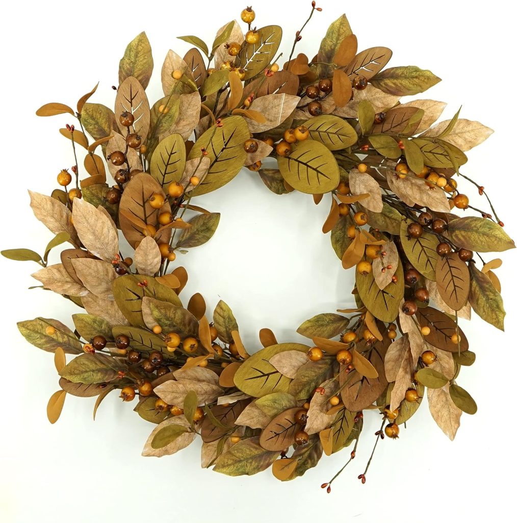 Fall Wreath Autumn Wreath for Front Door with Brown Magnolia Leaves