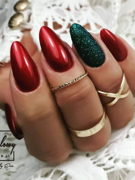 chrome red and sparkle green nails