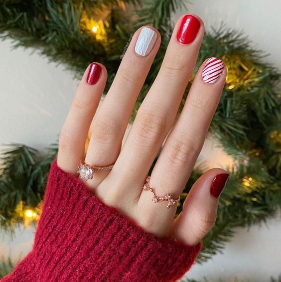 short holiday nail ideas red and white with stripes