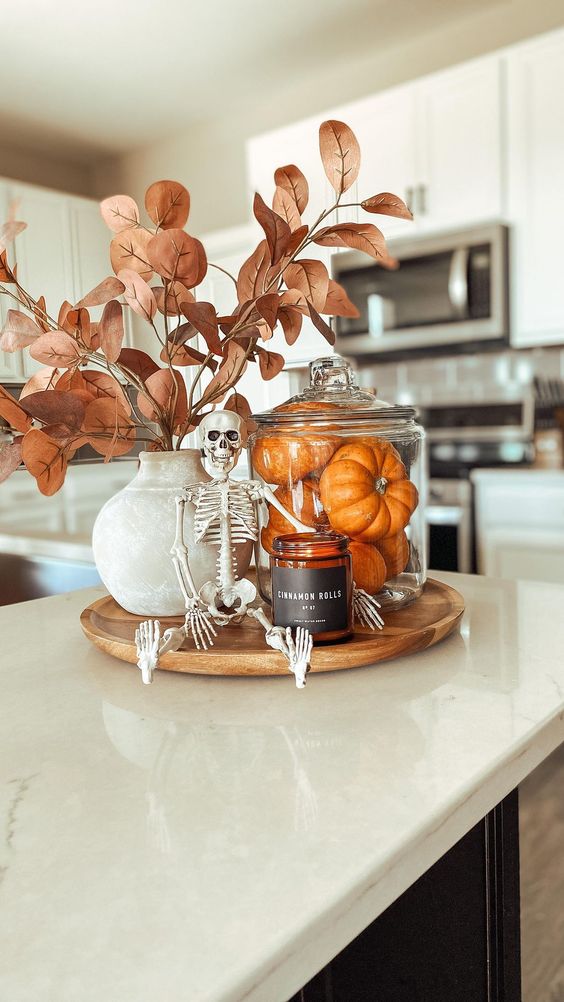 fall centerpiece with skeleton