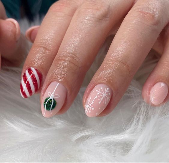 red white stripe nails with snowflakes and ornament