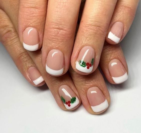 short holiday nail ideas french tip with holly berry