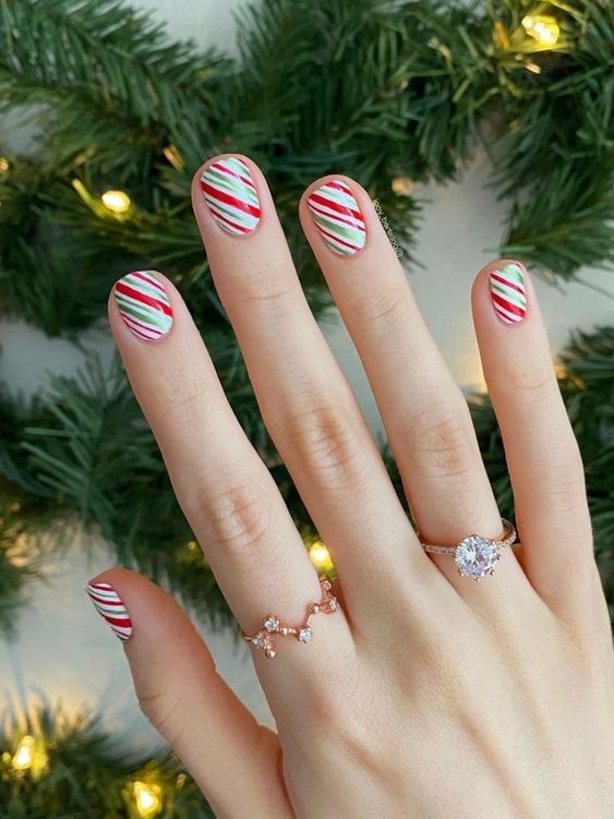 red green stripe holiday nails