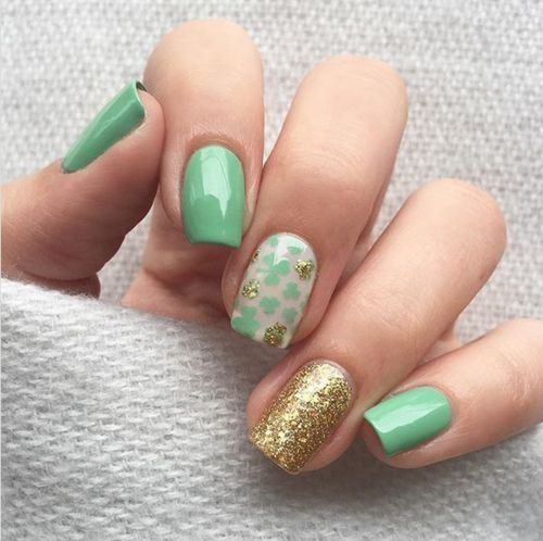 Mint Green with a Sparkly Gold Accent NAILS